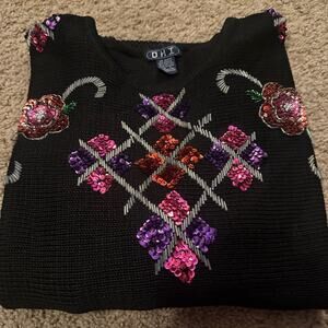 DHI VINTAGE SEQUINED ROUND NECKLINE LS STUNNING BLACK RAMIE COTTON BLEND TOP LRG